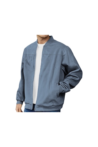 Edwardest Erkek Süet Bomber Fermuarlı Hırka Ceket Mavi