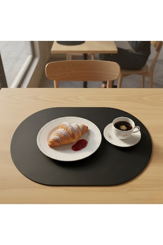 6 Kişilik 12 Parça Siyah Tam Oval Deri Amerikan Servis Supla 33x44 Cm-kolay Silinir Supla Lacivert