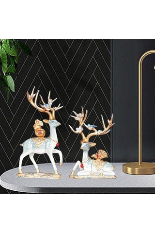 Opulentliving Şömine Yatak Odası Dekor Geyik Heykelleri 14x26cm 14x20cm Reçine 14cmx26cm 14cmx20cm