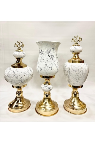 3'lü Dekoratif Prestij Dekoratif Vazo Set - Gold Beyaz Gold Beyaz