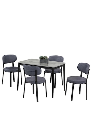 Sakura Masa Takımı - Gri Mermer Masa - 4 Sandalye Antrasit - Metal Siyah Ayak - Masa Takımı - Yemek Odası Takımı