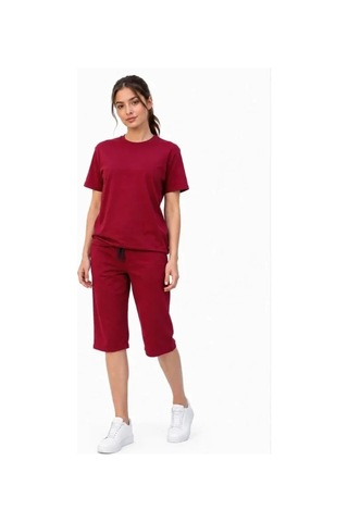 Defymoda Alt Üst Takım İki İplik Kumaş Bisiklet Yaka Tişört Cepli Diz Altı Şort - Bordo