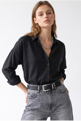 Mixray 4963 Kadın Tencel Kumaş Oversize Cepli Uzun Kollu Gömlek Siyah