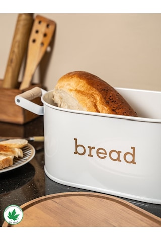 Ahşap Kapaklı Ahşap Kulplu Metal Ekmeklik Bread Baskılı - Beyaz Beyaz