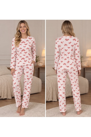 Lila İç Giyim Lila Kadın Pamuklu Kalp Desenli Uzun Kollu Pijama Takımı - Rahat Kalıp Kalp Desenli Kalpli Ekru