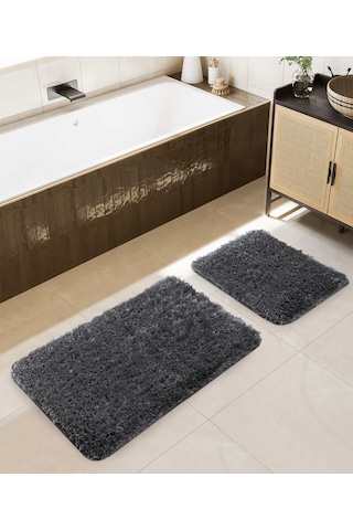 Koza Home Douro Shaggy 2li Banyo Paspası Füme Kaydırmaz Taban 60 X 100 - 50 Füme