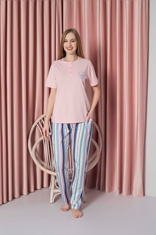 Ahengim Kadın Pijama Takımı Süprem Kısa Kollu Alt Çizgili Göğüs Nakışlı Pamuklu W20722328 Pembe