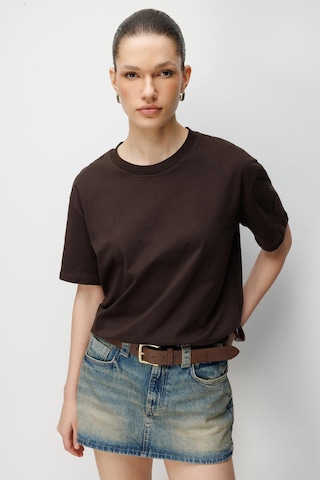 Mixray 4851 Kadın Oversize Fit Bisiklet Yaka Basic T-shirt Kahve Kahverengi
