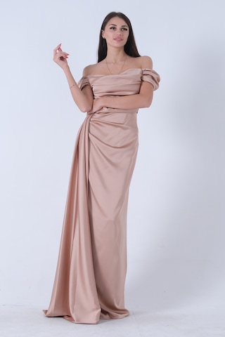 Feminist Bej Drape Detaylı Saten Kumaş Abiye Elbise 9704858.55