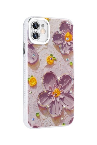 Goocamp Apple Uyumlu iPhone 11 Kılıf Çiçek Desenli Parlak Taşlı Sert Silikon Garden Kapak - Pembe Pembe Açık