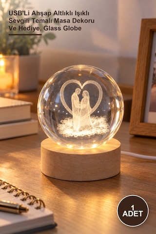 1 Adet Cam Küre Usb'li Ahşap Altlıklı Işıklı Sevgili Temalı Masa Dekoru Ve Hediye, Glass Globe