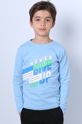 Hçm Erkek Çocuk Uzun Kollu Tshirt Never Give Up Baskılı Bisiklet Yaka D10 Açık Mavi