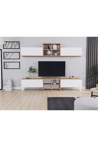 Eyfel 4 Kapaklı Tv Ünitesi, Tv Sehpası Atlantik Çam - Beyaz Beyaz