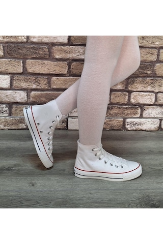 Yarım Bilek Kot Keten Bağcıklı Günlük Rahat Esnek Düz Şeffaf Taban Bez Ayakkabı Sneaker Beyaz
