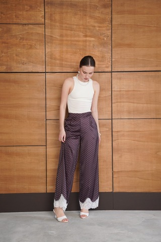 Verymoda Puantiyeli Paçası Dantelli Saten Pantolon D2970 Kahve