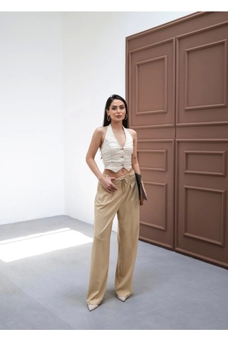 Defymoda Beli Lasti K Ve Bağcikli Geni Ş Paça Pantolon Bej