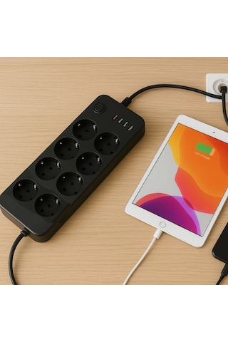 Akım Korumalı Termal Uzatma Kablosu 8 Priz, 2 Usb Ve 2 Type-c Girişli, Güçlü Çoklu Priz 5468 Standart