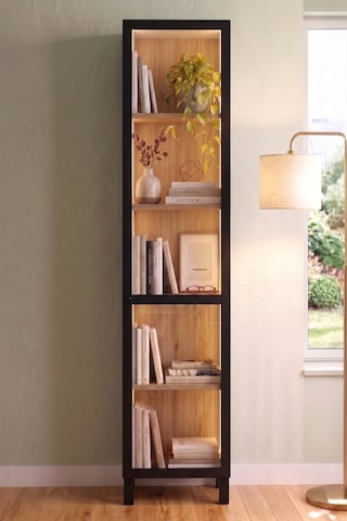 Robin Home Prime Temperli Cam Kapaklı Neon Led Işıklı Dar Alan Vitrin Büfe Kitaplık Ahşap Ayaklı 5 Raflı Sepet-siyah 183cm