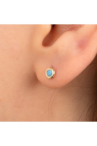 Altın Küpe - 14 Ayar Altın Minimal Firuze Turkuaz Taşlı Küpe Sarı