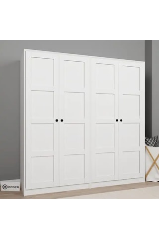 Lucas 4 Kapaklı 8 Raflı Yüklük Ve Elbise Dolabı Seti - Mat Beyaz Beyaz