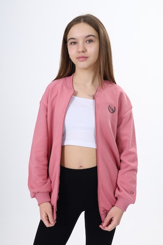 Toontoy Kız Çocuk Kolej Yaka Fermuarlı Cepli Düşük Omuz Baskılı Örme Hırka - 2 İplik Şardonlu Gül Kurusu