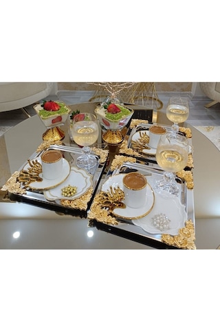 Atabey Home Collection 4'lü Kahve & Çay & Sunum Tepsisi Metal Döküm Gül Model