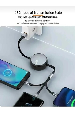 Arenist 100w Watt 3in1 Usb Kablosu Type-c Lightning Micro 3ü1 Arada Usb Kablosu Makara Özellikli