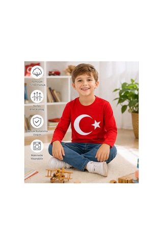 Uğur Bebe Mco Marka Kırmızı Türk Bayraklı Uzun Kollu Çocuk Tişört %100 Pamuk Rahat Kırmızı Kırmızı