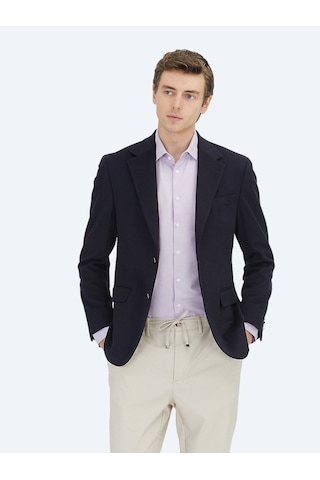 Lacivert Düz Modern Fit Yün Karışımlı Ceket Lacivert