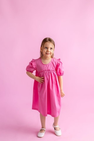 Oliventhekid Robadan Fırfır Büzgülü Kolları Lastikli Poplin Kız Çocuk Elbise Pembe Pembe