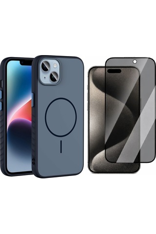 Vendas Apple Uyumlu iPhone 15 Kılıf M-safe Şarj Özellikli Zore Tea Kapak + Hayalet Ekran Koruyucu Lacivert