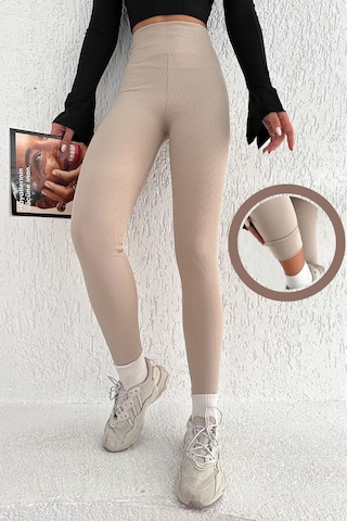 Kadın Içi Polarlı Fitilli Yüksek Bel Toparlayıcı Tayt Bej