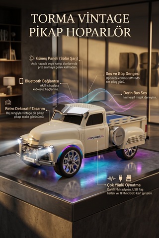 Bluetooth Hoparlör Pickup Araba Güneş Enerjili Speaker D54 Bej