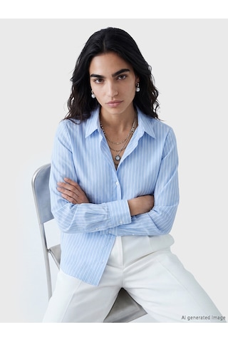 Lcw Vision Mavi Çizgili Oxford Kadın Gömlek