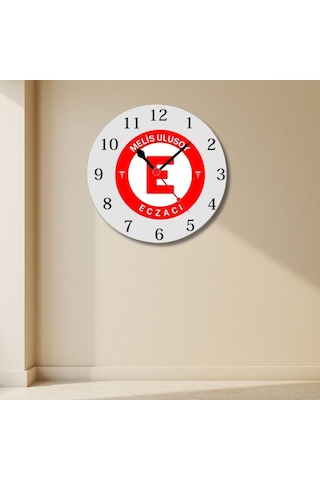 Eczacı Logolu Ve İsimli Ofis Duvar Saati - Eczaneye Özel Metal Saat Çok Renkli