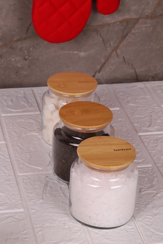 Zone - 3'lü Cam Saklama Kabı 600ml Vakumlu Bambu Kapaklı Ahşap - Şeffaf