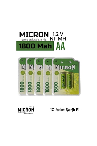 Aa Sıze 1800 Mah Ni-mh Şarjlı Pil Micron 10 Adet 1800 Mah Gerçek Kapasite