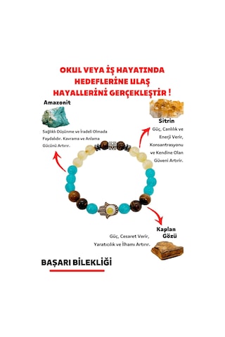 Gümüştel El Sanatları Başarı Hedeflerine Ulaşma Doğal Taş Tılsım Bilekliği Amazonit Sitrin Kaplan Gözü Doğaltaş Bileklik Çok Renkli