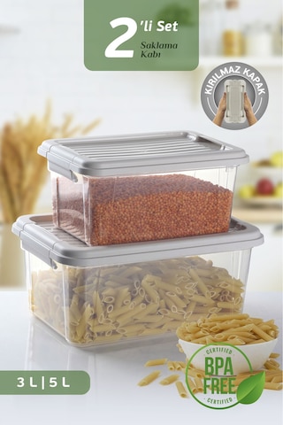 2'li Set Kilit Kapaklı Un Bakliyat Erzak Kabı - Çok Amaçlı Düzenleyici Deterjan Saklama Kutusu 3l-5l Bej