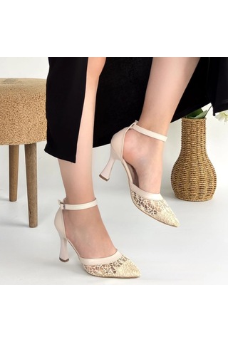 Naturalshoess Hejja Bej Cilt Tül Detaylı Topuklu Ayakkabı