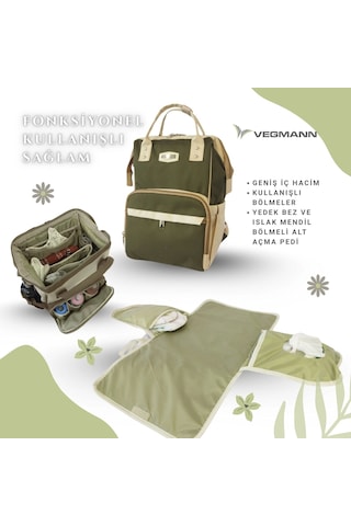 Vegmann Tender Impertex Kumaş Anne Bebek Bakım Sırt Çantası Biberon Termos Gözlü Haki-bej Haki-bej Bej - Haki