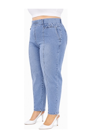 Büyük Beden Beli Lastikli Cepli Likralı Denim Mom Kesim Kadın Pantolon Mavi