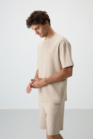 Tommy Life Bej Pamuklu Kalın Yumuşak Dokulu Oversize Fit Nakışlı Erkek Şort Takım - 85250