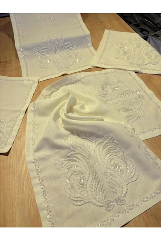 Storeşahin Salon Takımı Çeyizlik Krem Runner Seti 5 Parça Keten Ranır Masa Örtüsü Beyaz Boncuklu Lüx Set Shn0720