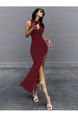 Valensdesign Kadın Omuzlardan Acık Yandan Buzgulu Yırtmaçlı Uzun Dalgıç Elbise Bordo