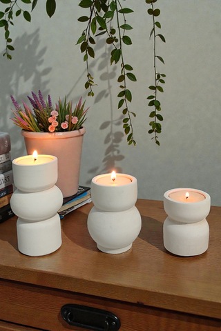 3lü Tealight Mumluk Seti - Dekoratif Beton Mumluk - Mumlar Dahildir Beyaz