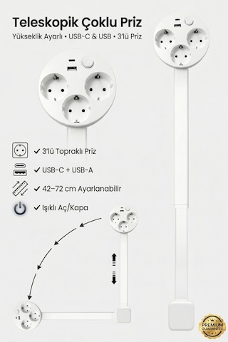 Teleskopik Çoklu Priz 3 Lü Topraklı + Usb-c & Usb-a, Yükseklik Ayarlı, Işıklı Anahtarlı Uzatma Prizi 0.7 M