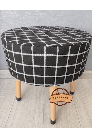 Puf Koltuk Tabure - Siyah Üstü Beyaz Örme Ekose - Ahşap Gürgen Ay