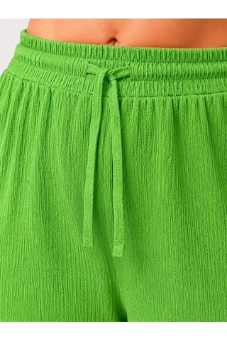 Freedom Store Kadın Battal Beden Bürümcük Kumaş Beli Lastikli Bağcıklı Bol Paça Palazzo Pantolon - Yeşil