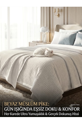 Premium %100 Pamuklu Waffle Pike - 160x235 Cm Ekstra Geniş Ve Uzun - Ultra Yumuşak Petek Dokulu Yatak Örtüsü Beyaz